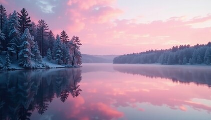 Fototapeta premium Soft pink light on Baikal's surface reflected in surrounding trees, reflections, freshwater