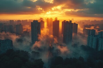 Obraz premium Sunrise casts vibrant colors over tall buildings with mist in the city. Generative AI