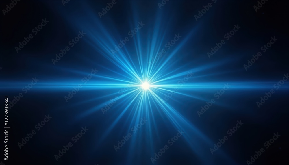 Poster Bright blue light radiates from center creating starburst effect. Dark background enhances luminous beam. Abstract design. Optical light effect. Visual art. Futuristic scene. Magical illumination.