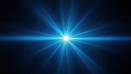 Bright blue light radiates from center creating starburst effect. Dark background enhances luminous beam. Abstract design. Optical light effect. Visual art. Futuristic scene. Magical illumination.