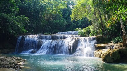 Obraz premium Serene Waterfall in Lush Tropical Paradise