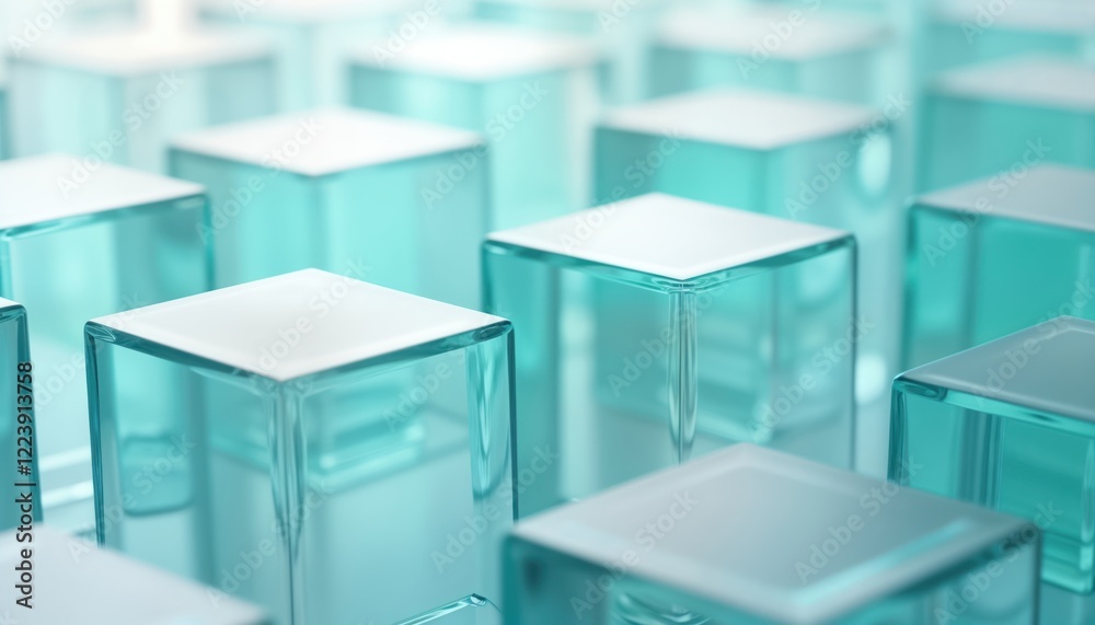 Aufkleber Abstract design with many translucent turquoise glass cubes arranged in pattern. Geometric shapes create modern, stylish look. Cubes clear design with white top surface. Three dimensional. Ideal for