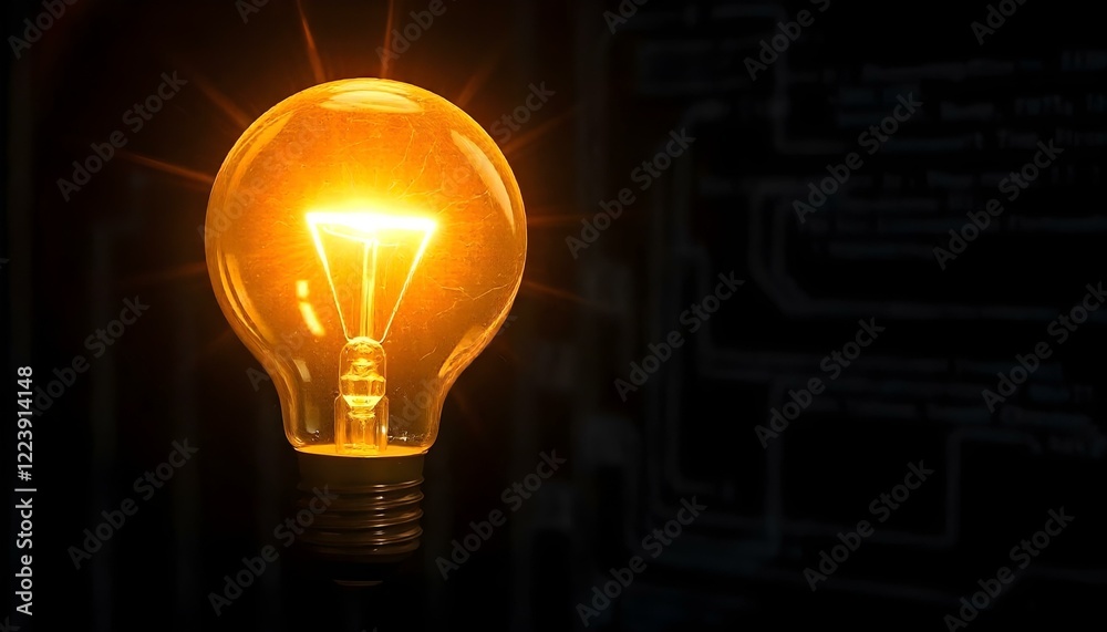 Poster a glowing lightbulb with its filament replaced by a circuit board emits radiant energy against a dar