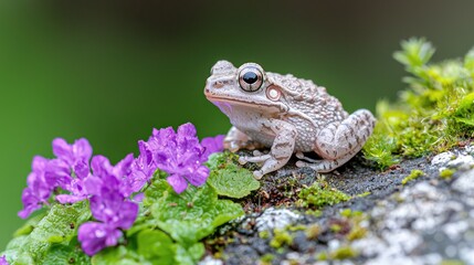 Obraz premium Pale frog on mossy rock with purple flowers, rainforest background; nature photography