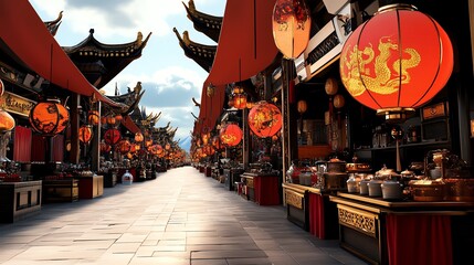 Naklejka premium Red and gold market stalls filled with zodiacthemed lanterns, 3D illustration