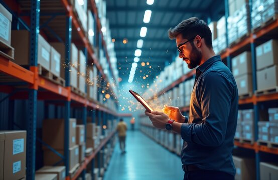 Man in warehouse uses tablet for online shopping. Looks at digital screen. Warehouse interior full of boxes. Scene modern, futuristic. Fast delivery tech used. Easy shopping via internet. E-commerce