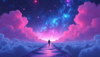 Fototapeta premium Silhouette Walking on Path Through Pink and Purple Clouds Under Starry Night Sky