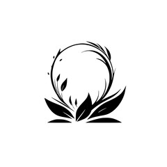 Elegant Black and White Floral Design: Circular Frame with Leaves and Flowers. Perfect for invitations, cards, and logos.