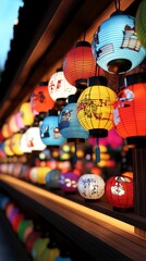 Obraz premium Traditional lantern shop, glowing zodiac animal designs on display, 3D illustration