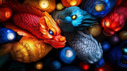 Lanterns shaped like zodiac animals, arranged in a vibrant display, 3D illustration