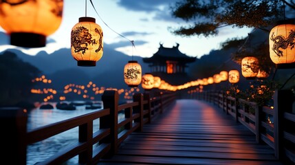 Traditional wooden bridge lit by zodiac lanterns, dragon carvings adorning the sides, 3D illustration