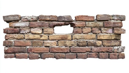 Obraz premium Damaged brick wall section with hole isolated on white.