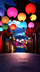 Zodiac animal archway lit by colorful lanterns, dramatic festival atmosphere, 3D illustration