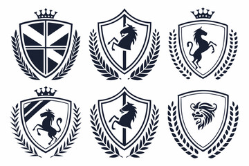 Modern Heraldic Shields, Corporate Shield Design, Clean Shield Logos, Professional Branding Shields, Abstract Crown Design, Symmetrical Shield Patterns, Bold Corporate Logos, Sleek Laurel Wreath Shiel