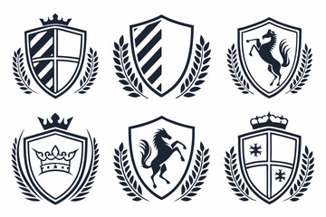 Modern Heraldic Shields, Corporate Shield Design, Clean Shield Logos, Professional Branding Shields, Abstract Crown Design, Symmetrical Shield Patterns, Bold Corporate Logos, Sleek Laurel Wreath Shiel