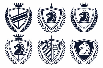 Modern Heraldic Shields, Corporate Shield Design, Clean Shield Logos, Professional Branding Shields, Abstract Crown Design, Symmetrical Shield Patterns, Bold Corporate Logos, Sleek Laurel Wreath Shiel