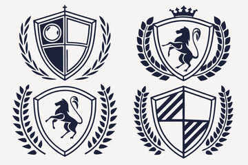 Obraz premium Modern Heraldic Shields, Corporate Shield Design, Clean Shield Logos, Professional Branding Shields, Abstract Crown Design, Symmetrical Shield Patterns, Bold Corporate Logos, Sleek Laurel Wreath Shiel