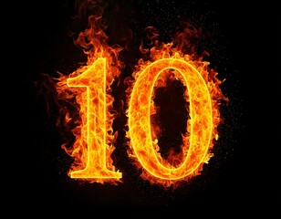 Fire number 10 isolated on black background, 3d 