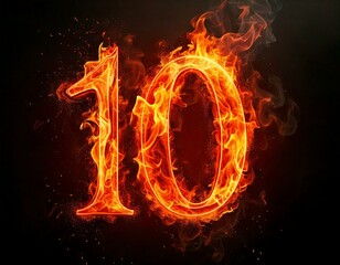 Fire number 10 isolated on black background, 3d 