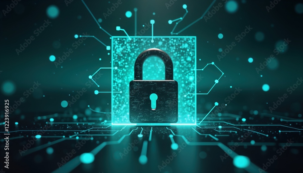 Poster Secure data protection visualized with padlock against complex network design. Advanced tech, digital privacy emphasized. Cybersecurity, protection of data key concepts. Futuristic illustration with