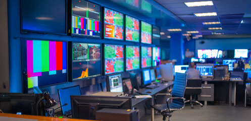 abstract blurred background with tv studio control room