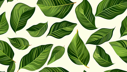 Obraz premium A pattern featuring various green leaves on a light background.