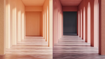 Abstract Architectural Corridor with Textured Walls and Warm Lighting