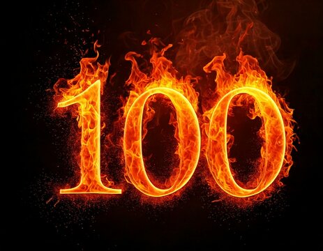 Fire number 100 on black background 