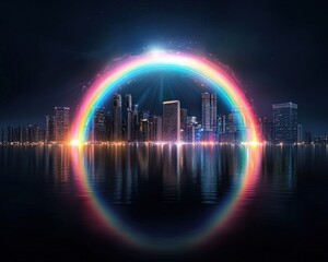 A symbolic rainbow stream connecting different cities in harmony.