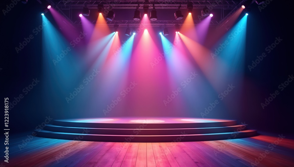 Aufkleber Empty stage illuminated by vibrant colorful spotlights. Multicolored lighting effects create dynamic atmosphere. Wooden flooring under stage, different shades of color visible. Stage ready for
