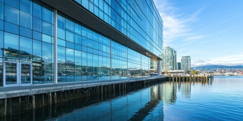 Obraz premium A waterfront building with glass and metal elements, blending with the water reflection.