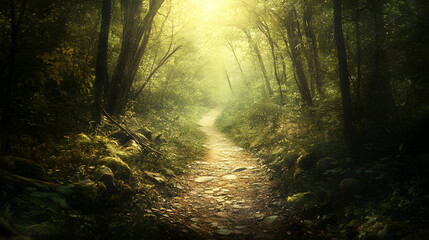 Obraz premium Perseverance Through Nature's Obstacles: Overcoming Challenges on a Winding Forest Path