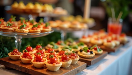 Delicious finger food on display at party buffet. Various appetizers arranged on wooden platters, glass stands. Food looks fresh, tempting. Variety of tastes, textures. Perfect for celebration