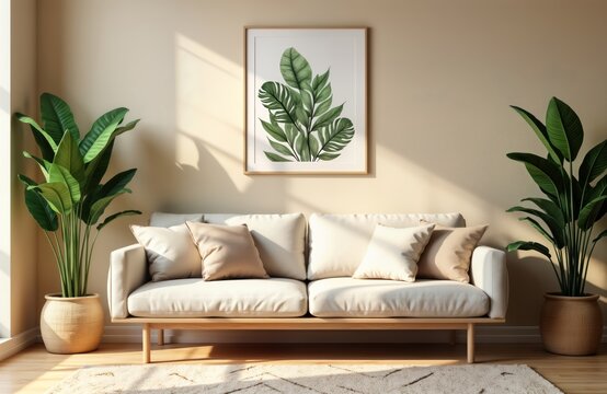 Cozy living room features light beige sofa placed against beige stucco wall. Two large potted plants add touch of green plants. Framed print of tropical leaves hangs on wall. Wooden floors, beige rug