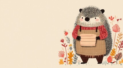 Adorable Hedgehog in an Autumn Garden Holding a Sign