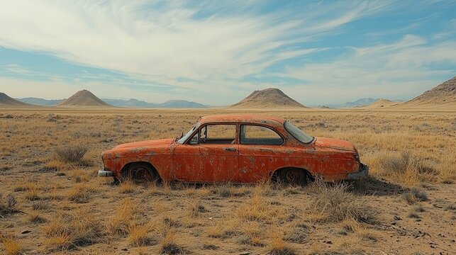 Rusty orange vintage car rests in desert landscape