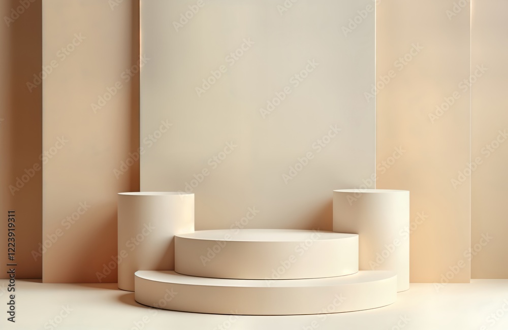Poster empty beige pedestal product display with abstract geometric shapes. minimalist scene for premium be