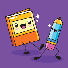 Cute kawaii book and pencil vector illustration