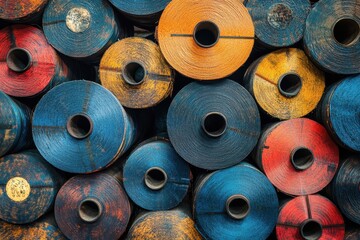 Stacks of colorful thread spools, showing wear. Perfect for textile, manufacturing, or industrial concepts.