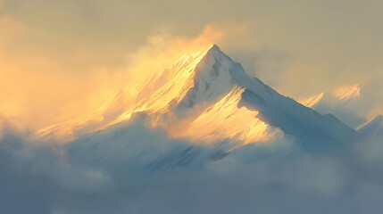 A majestic mountain peak illuminated by sunlight, surrounded by soft clouds.