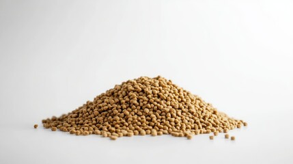High-quality image of a heap of dry dog food pellets, isolated on a bright white surface for a clean and professional look