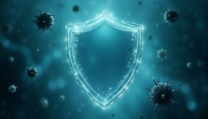 Fototapeta premium Digital shield protecting against viruses in glowing blue atmosphere with scientific elements and copy space