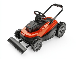 Orange electric lawnmower with large wheels and a side discharge chute.