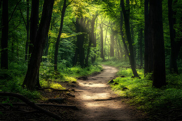 Obraz premium Perseverance Through Nature's Obstacles: Overcoming Challenges on a Winding Forest Path