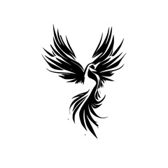 Majestic Phoenix: A Black and White Abstract Bird in Flight.  Symbol of Rebirth and Power, this graphic design is perfect for tattoos, illustrations, and more.