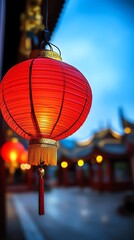 Obraz premium A single red lantern glowing brightly against a deep blue sky, soft light reflecting on nearby golden temple details