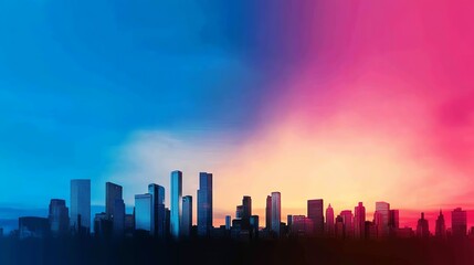 Vibrant skyline with layered fireworks in blue and pink, bold reflections on glass buildings, creating a festive and energetic atmosphere