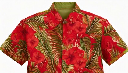 Front view red flower green leaves pattern seamless hawaiian shirt