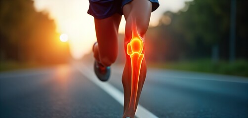 Runner experiencing knee pain. Active person runs outdoors on road. Knee joint highlighted showing pain area. Focus on health issue during sports. Ideal for injury prevention. Sport injury concept