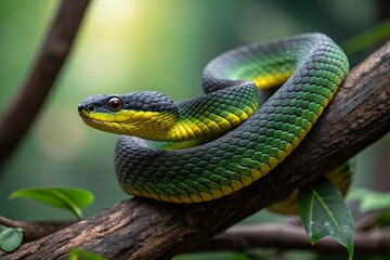 Close-up of a green snake coiled up on a branch.